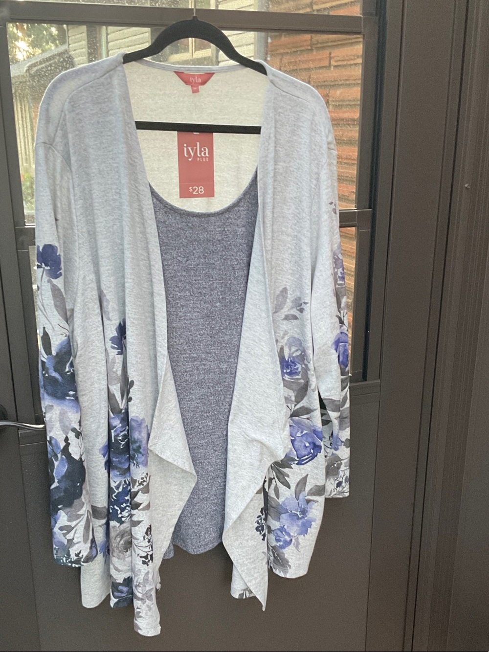 Iyla Light Gray Floral Open-Front Cardigan with Blue Accent NWT